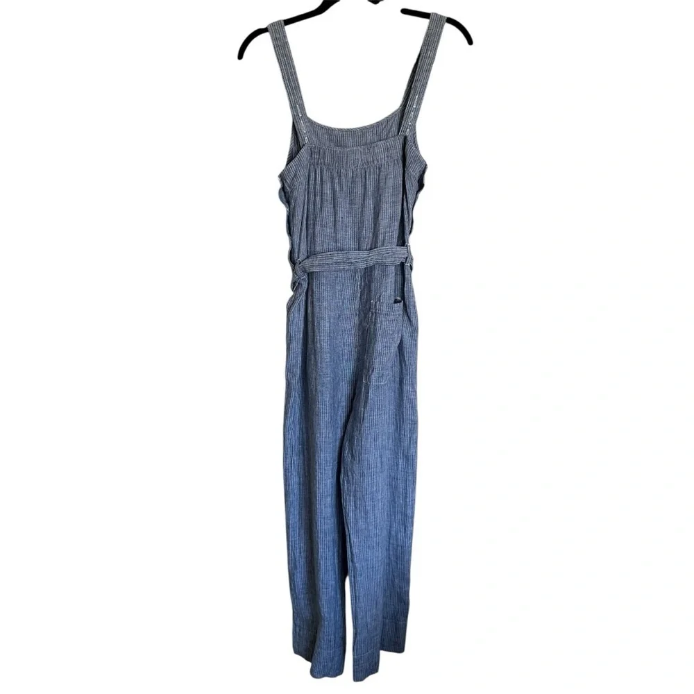 EVERLANE The Linen Side-button Blue White Straight Leg Jumpsuit Size 2